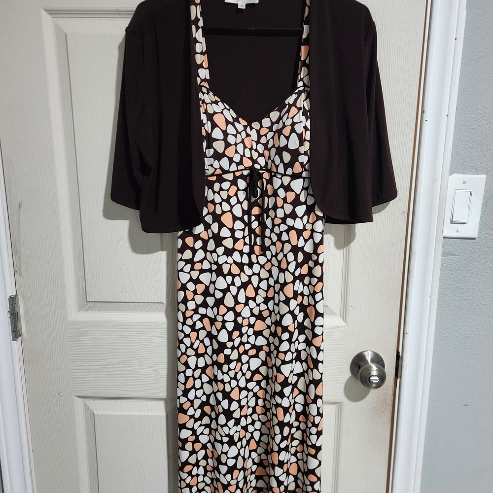 Women’s Brown Printed Midi Dress with Shrug